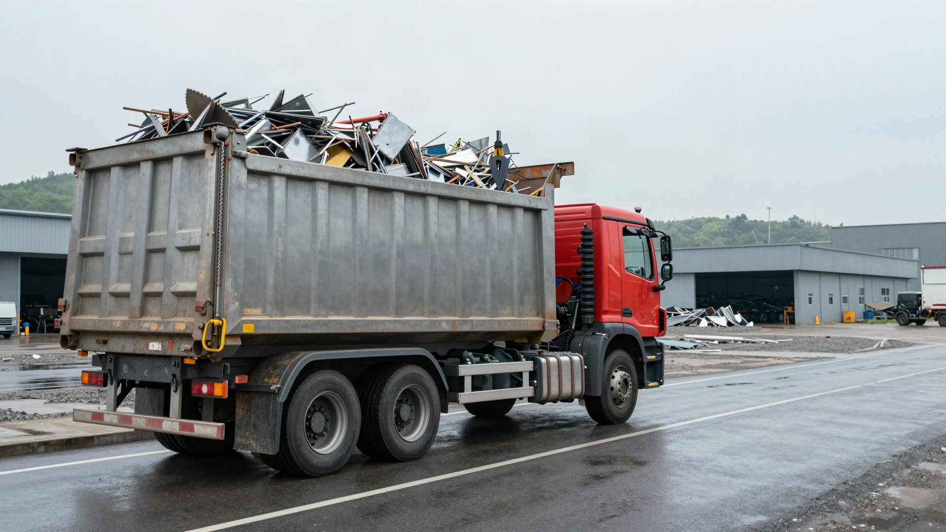 Abrollkipper mit vollem Schrottcontainer verlässt den Hof