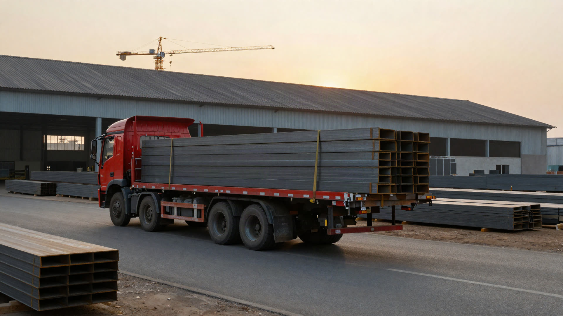 LKW mit Stahlträgern verlässt das Werk Richtung Baustelle