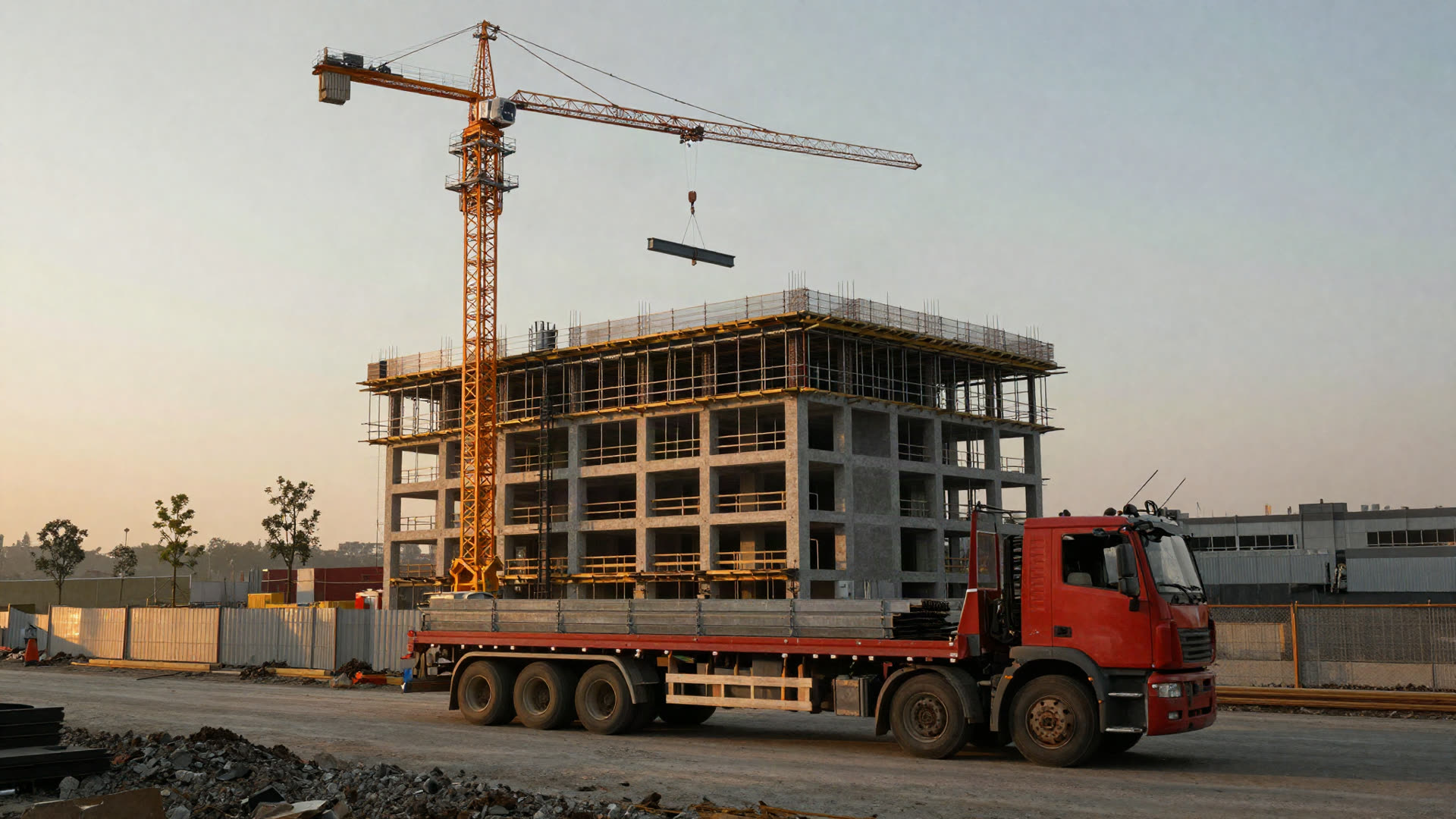 Turmdrehkran und Rohbau im Morgenlicht
